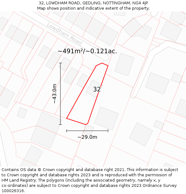 32, LOWDHAM ROAD, GEDLING, NOTTINGHAM, NG4 4JP: Plot and title map