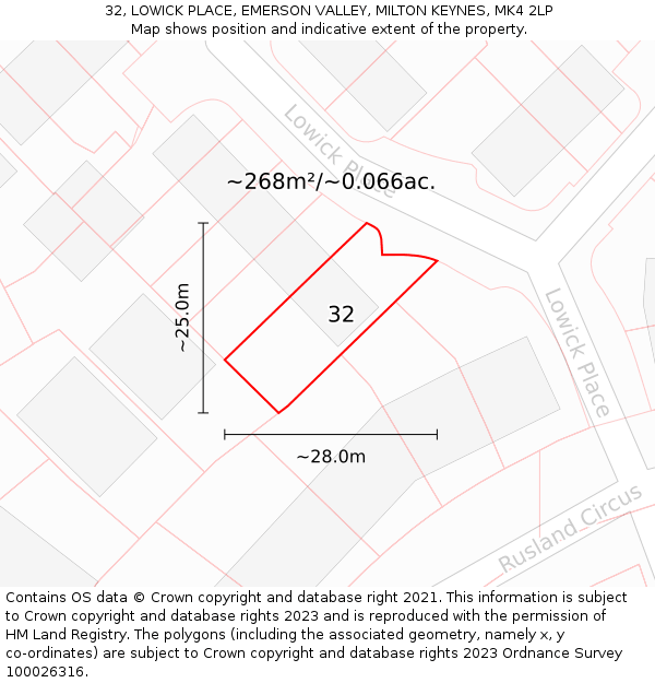 32, LOWICK PLACE, EMERSON VALLEY, MILTON KEYNES, MK4 2LP: Plot and title map