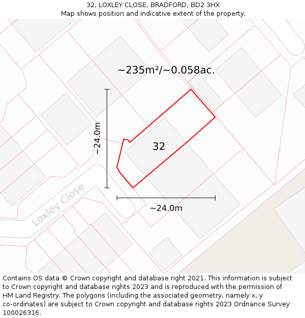 32, LOXLEY CLOSE, BRADFORD, BD2 3HX: Plot and title map