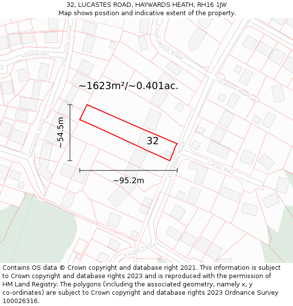 32, LUCASTES ROAD, HAYWARDS HEATH, RH16 1JW: Plot and title map