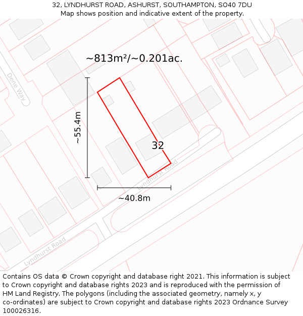 32, LYNDHURST ROAD, ASHURST, SOUTHAMPTON, SO40 7DU: Plot and title map