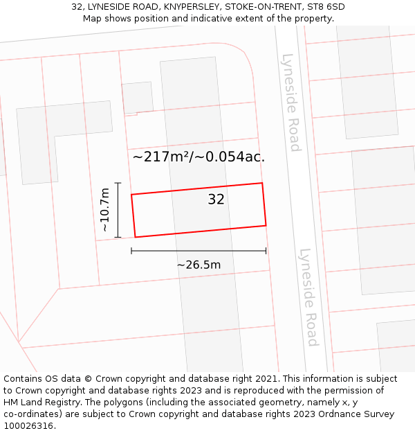 32, LYNESIDE ROAD, KNYPERSLEY, STOKE-ON-TRENT, ST8 6SD: Plot and title map