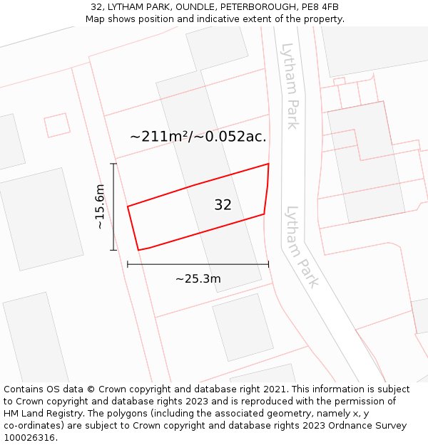 32, LYTHAM PARK, OUNDLE, PETERBOROUGH, PE8 4FB: Plot and title map