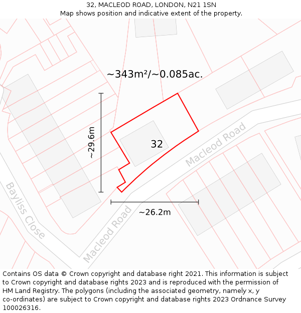 32, MACLEOD ROAD, LONDON, N21 1SN: Plot and title map