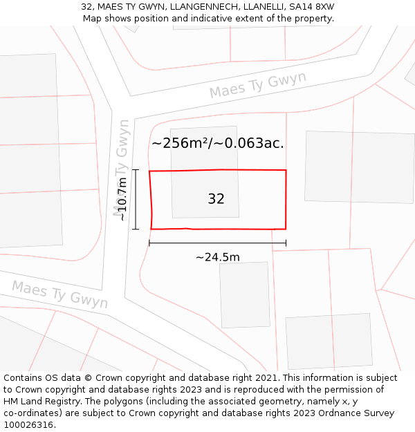 32, MAES TY GWYN, LLANGENNECH, LLANELLI, SA14 8XW: Plot and title map