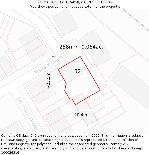 32, MAES Y LLECH, RADYR, CARDIFF, CF15 8GL: Plot and title map