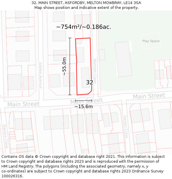 32, MAIN STREET, ASFORDBY, MELTON MOWBRAY, LE14 3SA: Plot and title map