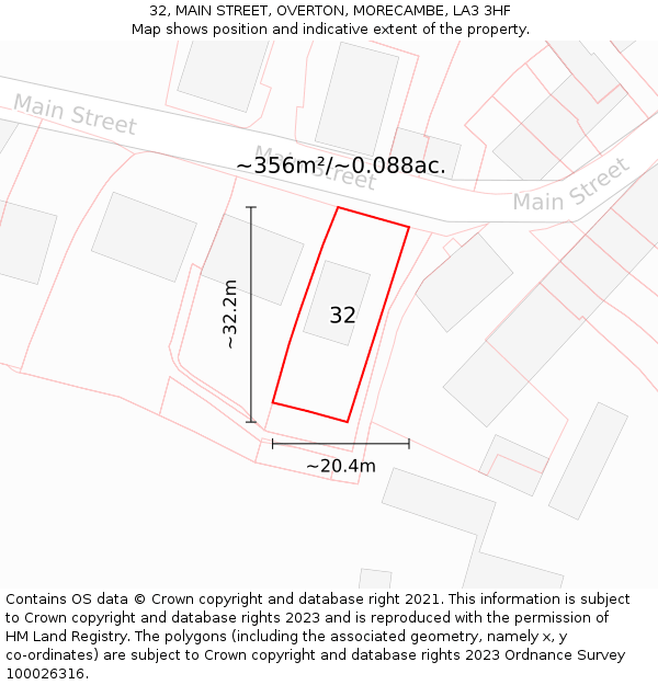 32, MAIN STREET, OVERTON, MORECAMBE, LA3 3HF: Plot and title map