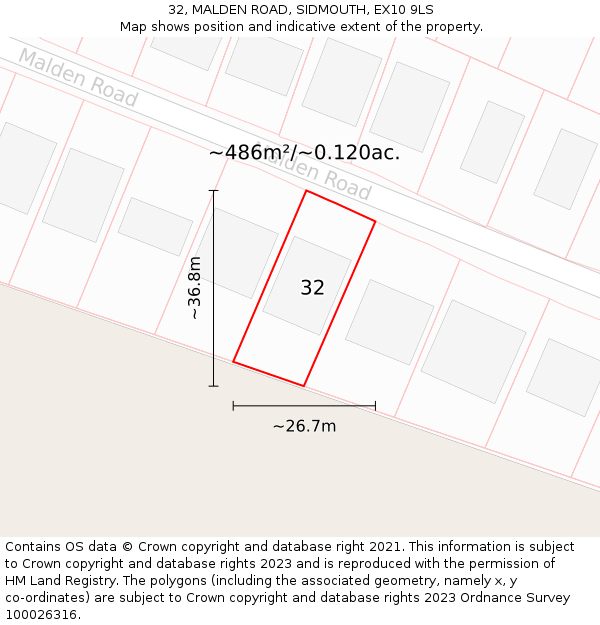 32, MALDEN ROAD, SIDMOUTH, EX10 9LS: Plot and title map