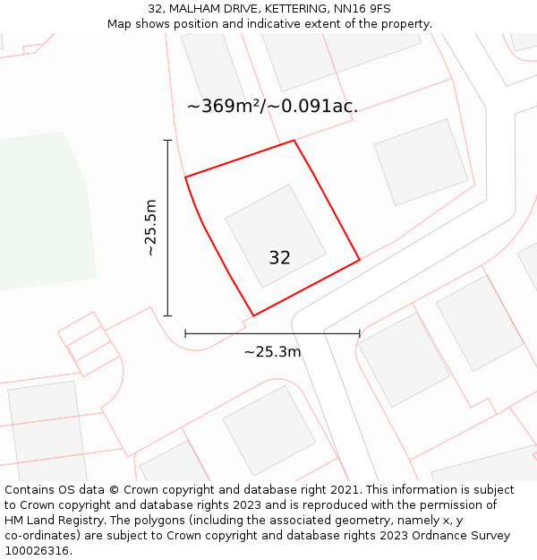 32, MALHAM DRIVE, KETTERING, NN16 9FS: Plot and title map