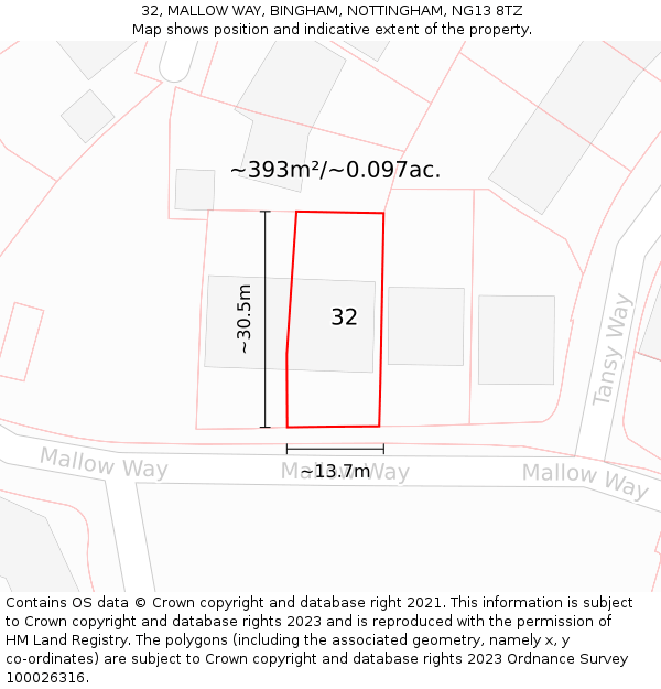 32, MALLOW WAY, BINGHAM, NOTTINGHAM, NG13 8TZ: Plot and title map