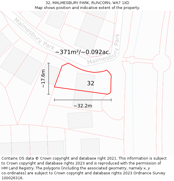 32, MALMESBURY PARK, RUNCORN, WA7 1XD: Plot and title map