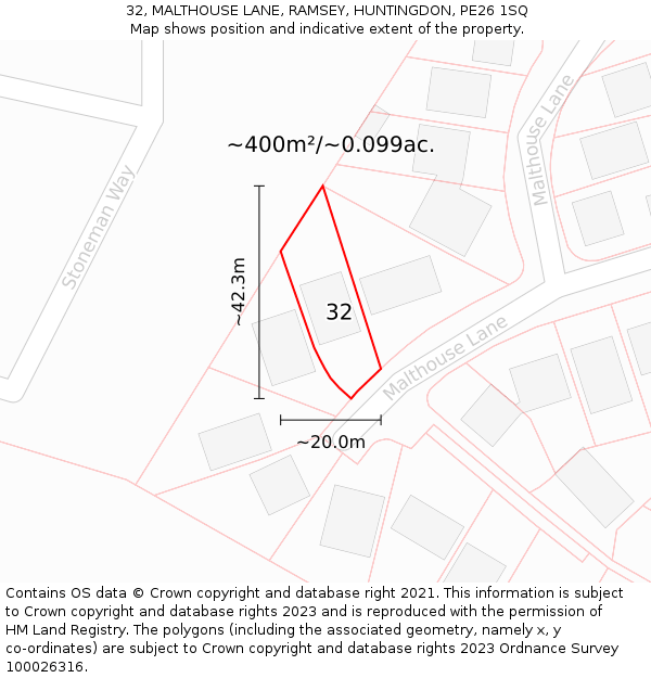 32, MALTHOUSE LANE, RAMSEY, HUNTINGDON, PE26 1SQ: Plot and title map