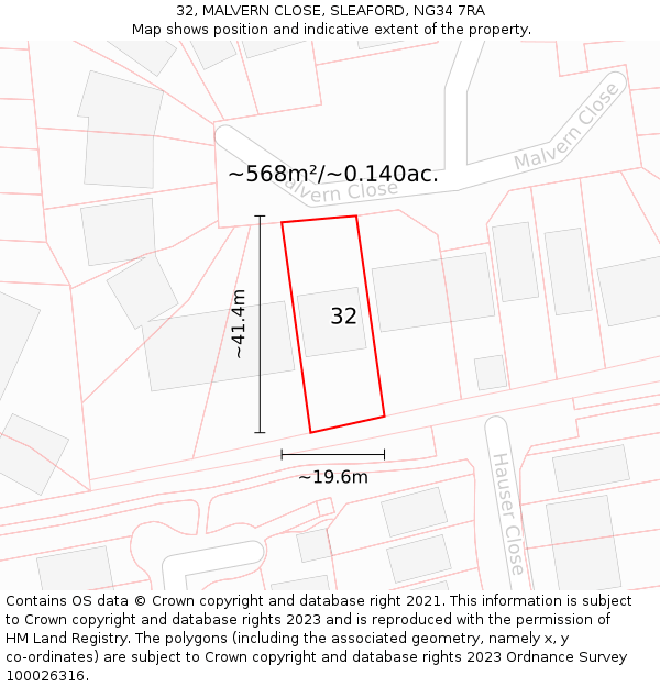 32, MALVERN CLOSE, SLEAFORD, NG34 7RA: Plot and title map