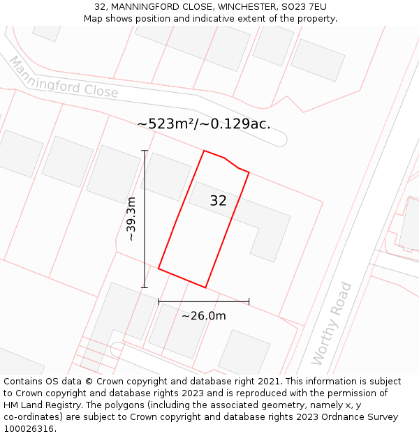 32, MANNINGFORD CLOSE, WINCHESTER, SO23 7EU: Plot and title map