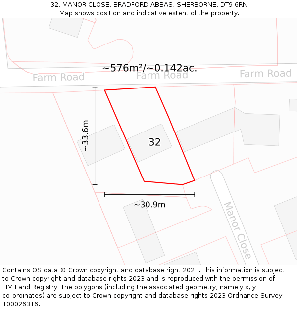 32, MANOR CLOSE, BRADFORD ABBAS, SHERBORNE, DT9 6RN: Plot and title map
