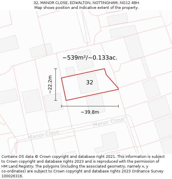 32, MANOR CLOSE, EDWALTON, NOTTINGHAM, NG12 4BH: Plot and title map