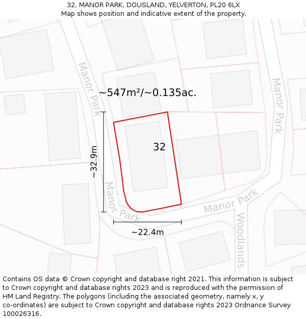 32, MANOR PARK, DOUSLAND, YELVERTON, PL20 6LX: Plot and title map