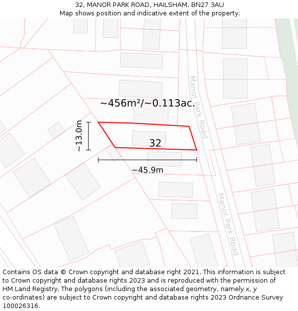 32, MANOR PARK ROAD, HAILSHAM, BN27 3AU: Plot and title map