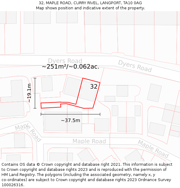 32, MAPLE ROAD, CURRY RIVEL, LANGPORT, TA10 0AG: Plot and title map