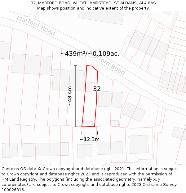 32, MARFORD ROAD, WHEATHAMPSTEAD, ST ALBANS, AL4 8AS: Plot and title map
