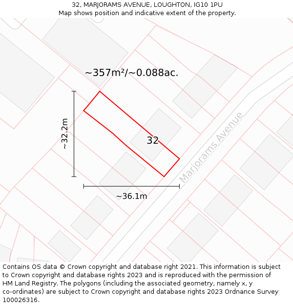 32, MARJORAMS AVENUE, LOUGHTON, IG10 1PU: Plot and title map