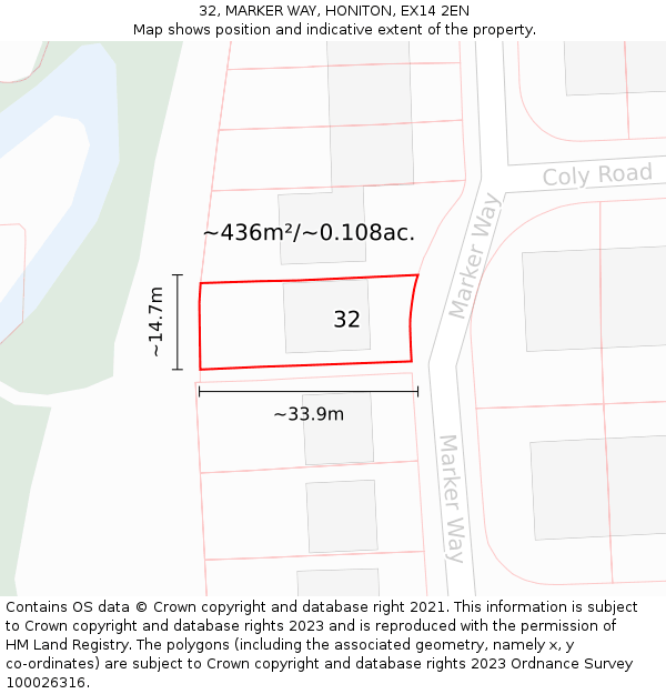 32, MARKER WAY, HONITON, EX14 2EN: Plot and title map