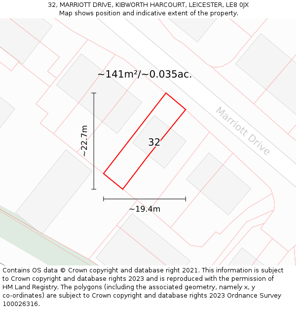 32, MARRIOTT DRIVE, KIBWORTH HARCOURT, LEICESTER, LE8 0JX: Plot and title map