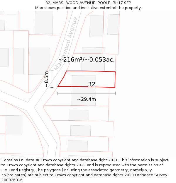 32, MARSHWOOD AVENUE, POOLE, BH17 9EP: Plot and title map