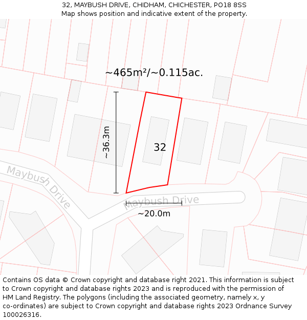 32, MAYBUSH DRIVE, CHIDHAM, CHICHESTER, PO18 8SS: Plot and title map