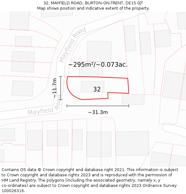 32, MAYFIELD ROAD, BURTON-ON-TRENT, DE15 0JT: Plot and title map