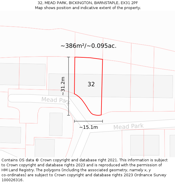 32, MEAD PARK, BICKINGTON, BARNSTAPLE, EX31 2PF: Plot and title map