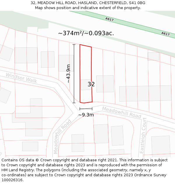 32, MEADOW HILL ROAD, HASLAND, CHESTERFIELD, S41 0BG: Plot and title map