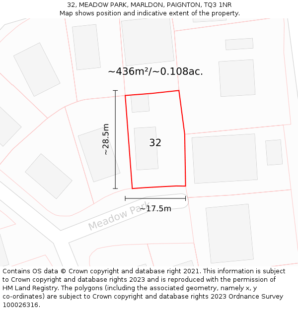 32, MEADOW PARK, MARLDON, PAIGNTON, TQ3 1NR: Plot and title map