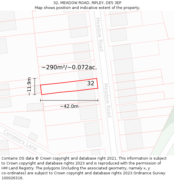 32, MEADOW ROAD, RIPLEY, DE5 3EP: Plot and title map