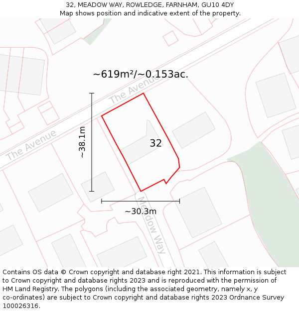 32, MEADOW WAY, ROWLEDGE, FARNHAM, GU10 4DY: Plot and title map