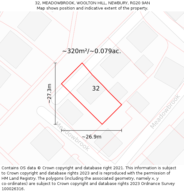 32, MEADOWBROOK, WOOLTON HILL, NEWBURY, RG20 9AN: Plot and title map