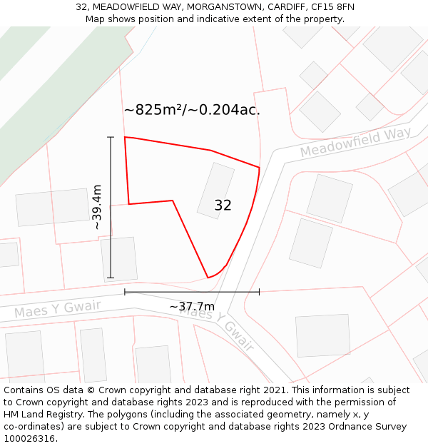 32, MEADOWFIELD WAY, MORGANSTOWN, CARDIFF, CF15 8FN: Plot and title map