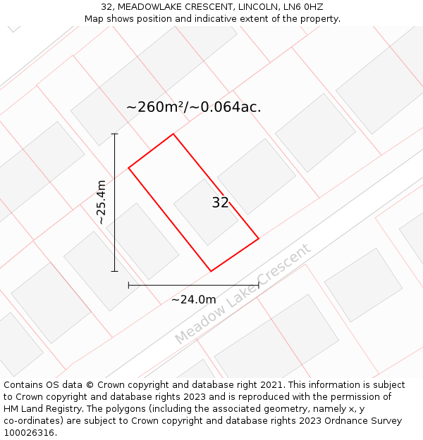 32, MEADOWLAKE CRESCENT, LINCOLN, LN6 0HZ: Plot and title map