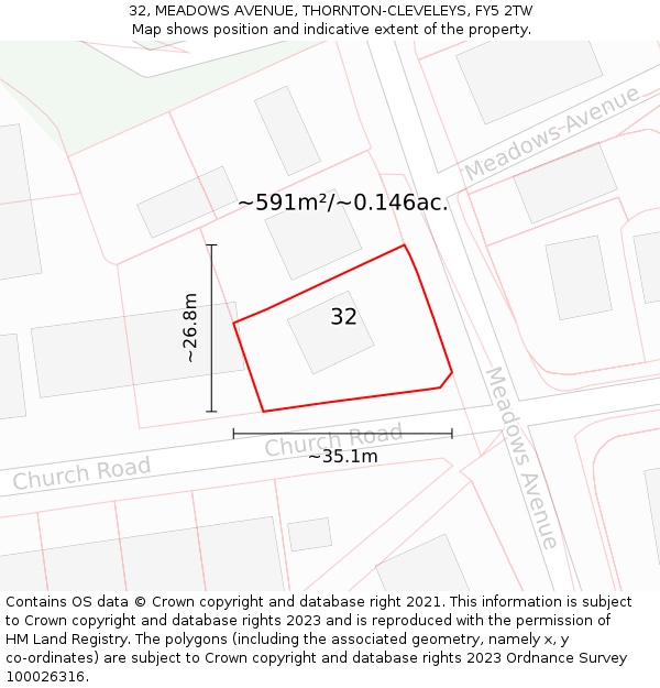 32, MEADOWS AVENUE, THORNTON-CLEVELEYS, FY5 2TW: Plot and title map