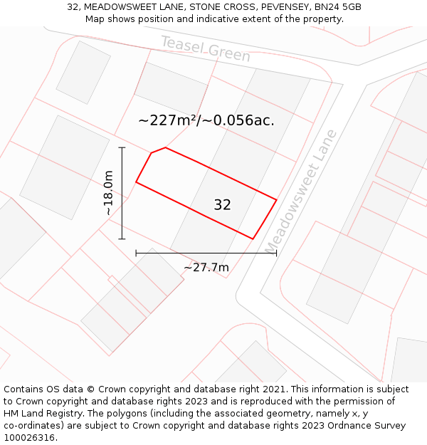 32, MEADOWSWEET LANE, STONE CROSS, PEVENSEY, BN24 5GB: Plot and title map