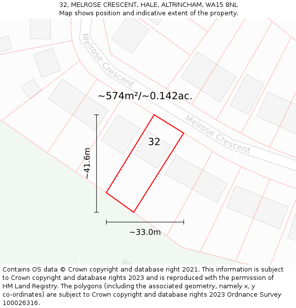 32, MELROSE CRESCENT, HALE, ALTRINCHAM, WA15 8NL: Plot and title map