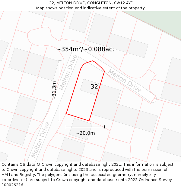 32, MELTON DRIVE, CONGLETON, CW12 4YF: Plot and title map