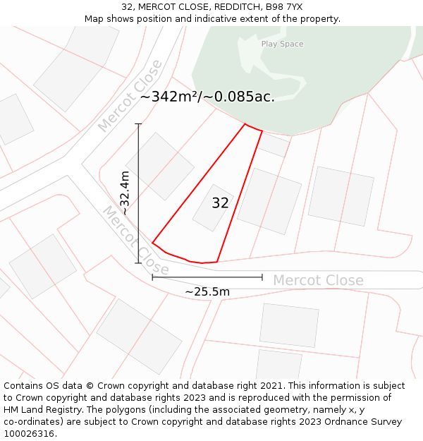 32, MERCOT CLOSE, REDDITCH, B98 7YX: Plot and title map