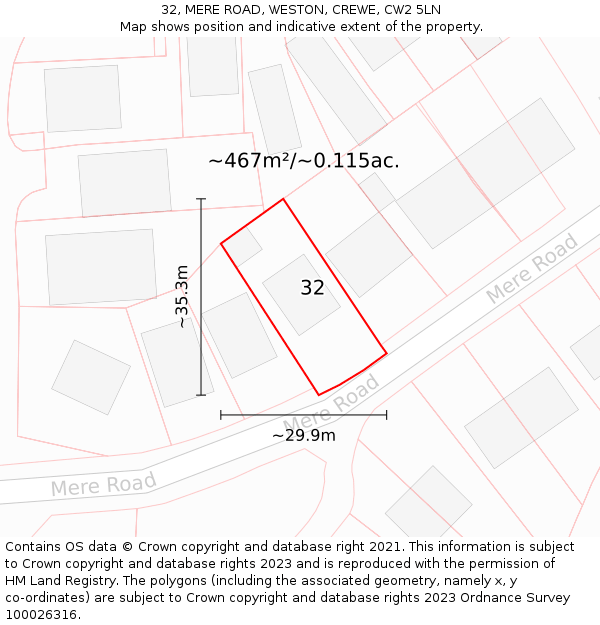 32, MERE ROAD, WESTON, CREWE, CW2 5LN: Plot and title map