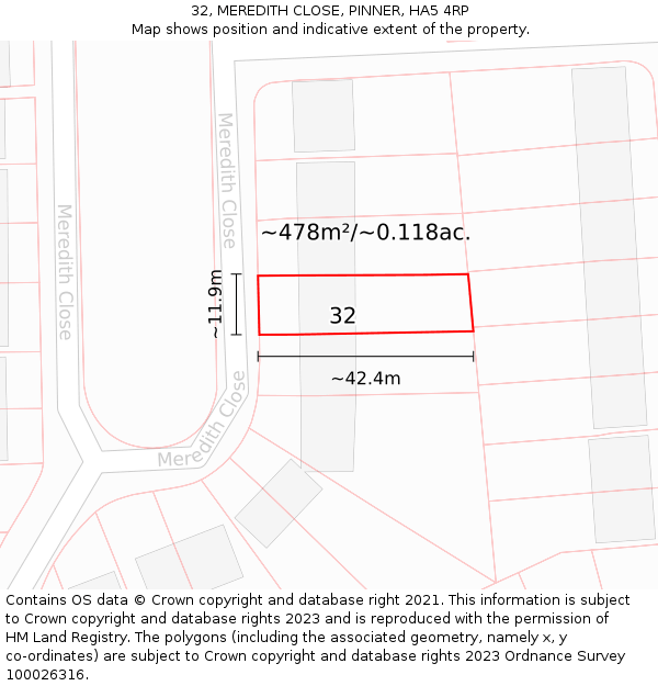 32, MEREDITH CLOSE, PINNER, HA5 4RP: Plot and title map