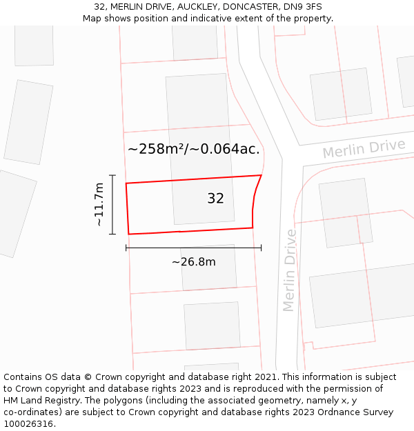 32, MERLIN DRIVE, AUCKLEY, DONCASTER, DN9 3FS: Plot and title map