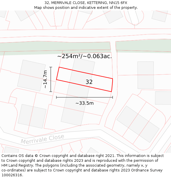 32, MERRIVALE CLOSE, KETTERING, NN15 6FX: Plot and title map