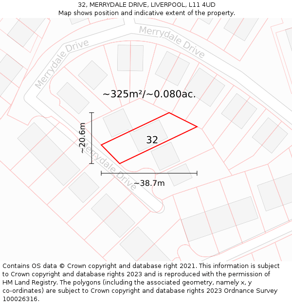 32, MERRYDALE DRIVE, LIVERPOOL, L11 4UD: Plot and title map