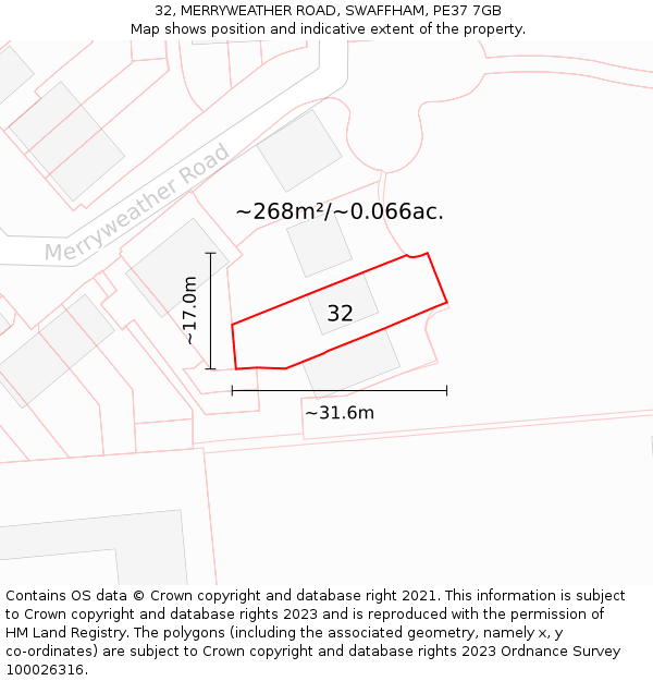 32, MERRYWEATHER ROAD, SWAFFHAM, PE37 7GB: Plot and title map